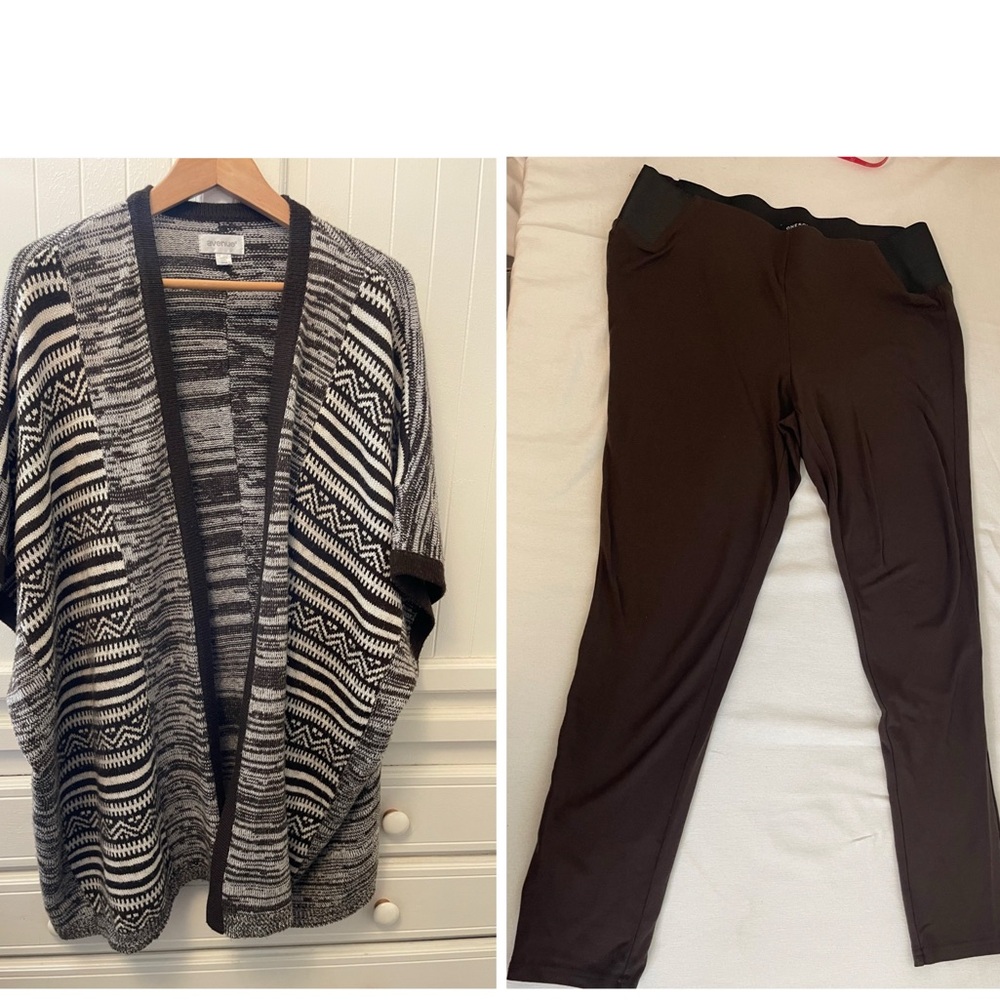 Avenue Open Front Cardigan 22/24 Brown Beige Design Stripe & Brown Leggings 2PC